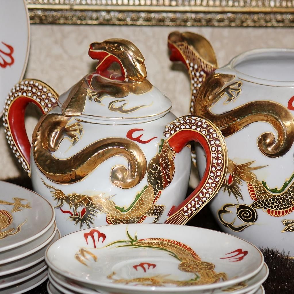 19 pc Japanese Dragonware Moriage Geisha Lithophane Tea Set Nichi Hon