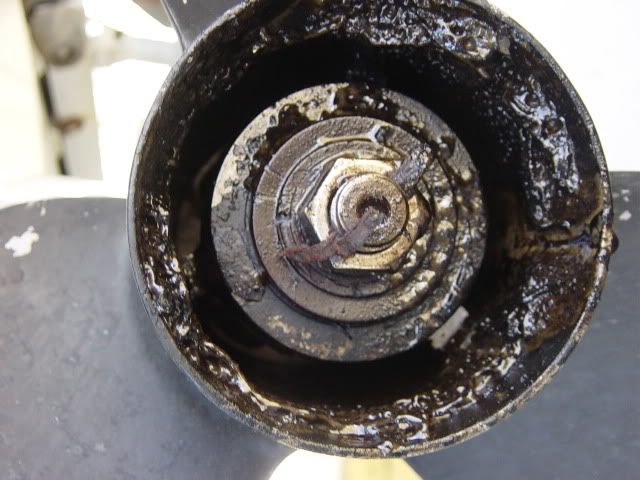 Image: Outboard exhaust at propeller hub foul with crud.