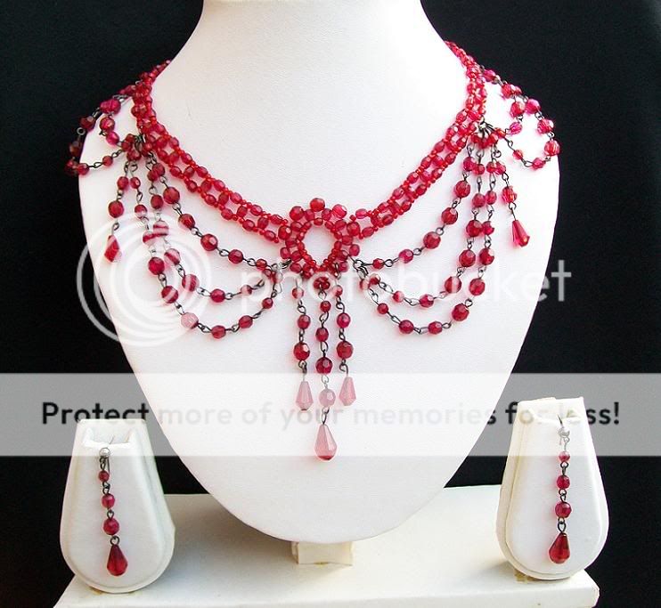 Red Moulin Rouge Hen Dress Choker Necklace Earrings Set  