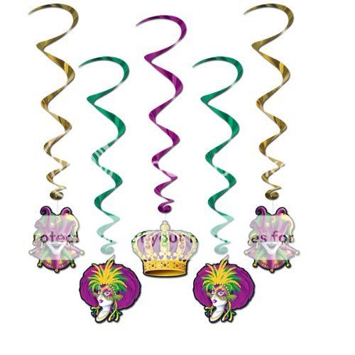 Pack of five (5) Mardi Gras Whirl hanging decorations in metallic gold 