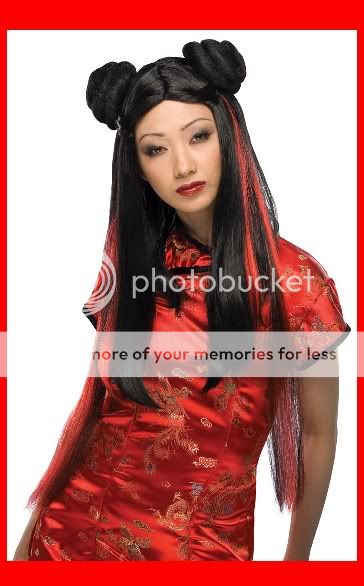 MS Chow Adult Asian Geisha Girl Japanese Black w Red Costume Wig 